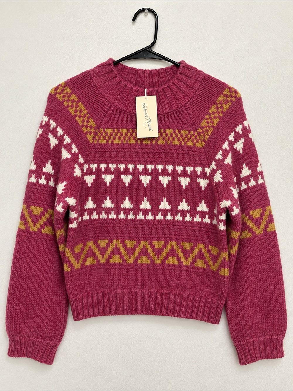 Universal Thread Fuchsia, White & Mustard Patterned Crewneck Sweater
